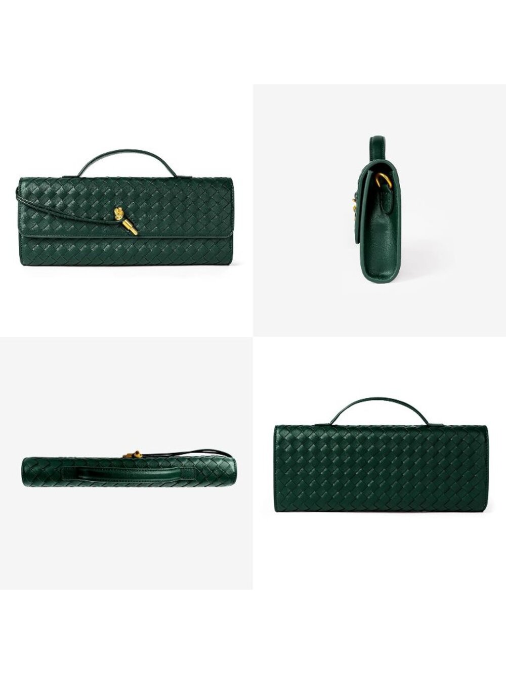 Women Emerald Green Woven Leather Clutch Vegan Purse Formal Crossbody Handbags - Picture 3 of 7